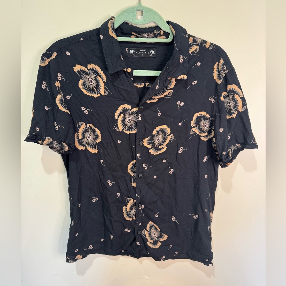 All Saints Black Short-Sleeve Floral Button-Down Shirt